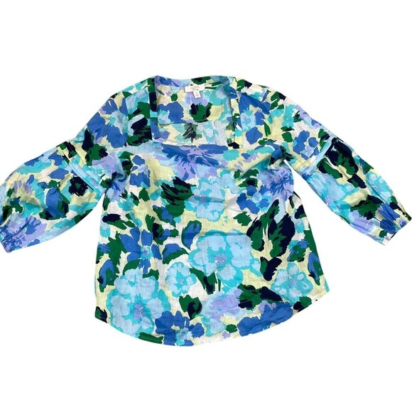 Charter Club Womens Blouse Medium 100% Linen Blue Floral Square Neck Boho - Picture 1 of 9